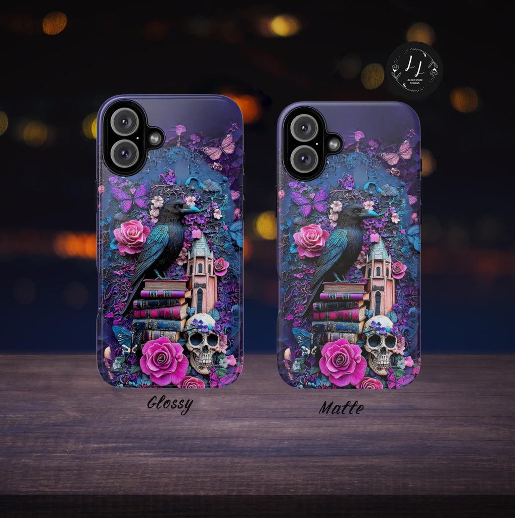 Gothic Raven Bookshelf Phone Case: Dark Academia Witch Floral