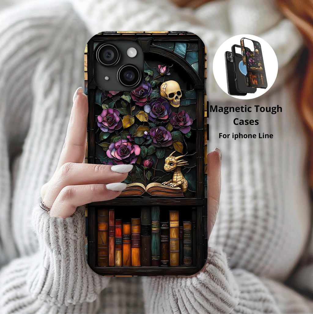 Gothic Floral Bookshelf iPhone Case: Faux Stained Glass, Magnetic Tough Case