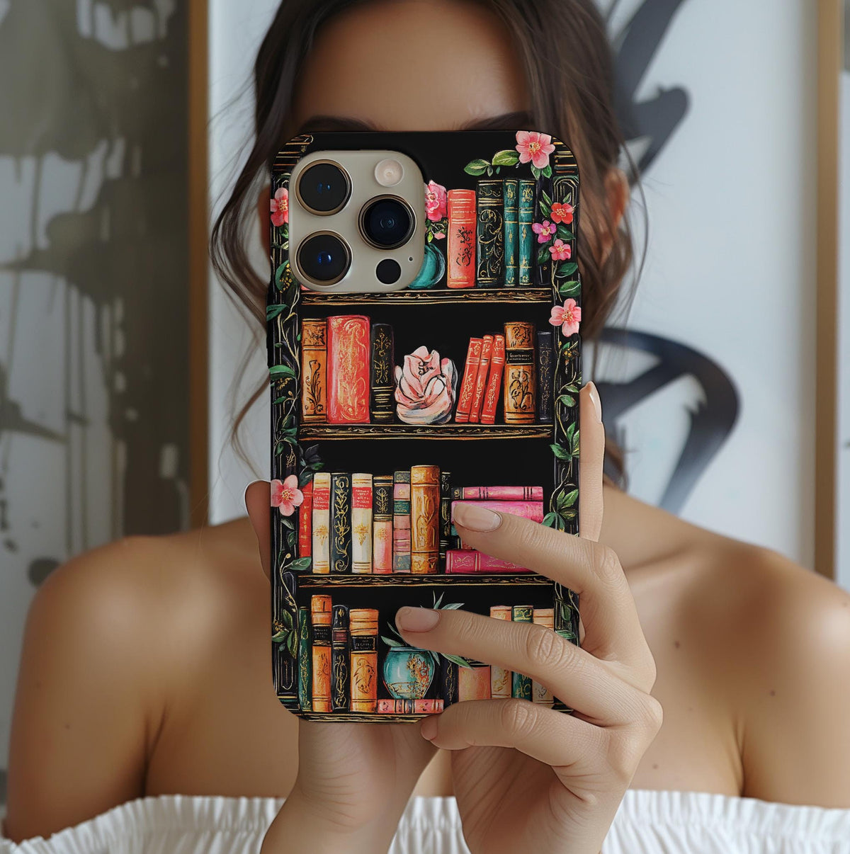 Floral Bookshelf Phone Case: Vintage Bookish Boho Reader Gift, Literary cover, iPhone, Galaxy, Pixel