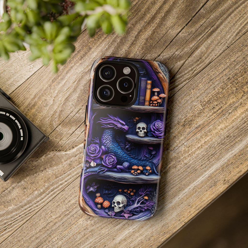Purple Dragon Bookshelf Phone Case: Dark Academia Fantasy Cover