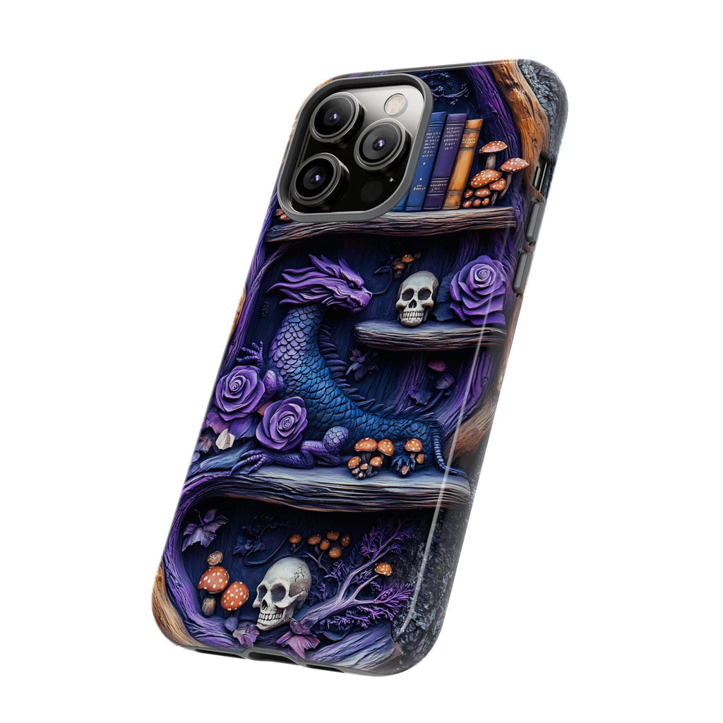 Purple Dragon Bookshelf Phone Case: Dark Academia Fantasy Cover