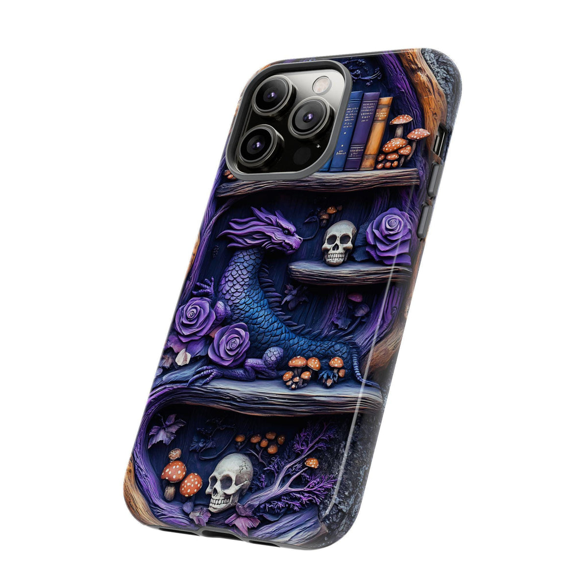 Purple Dragon Bookshelf Phone Case: Dark Academia Fantasy Cover