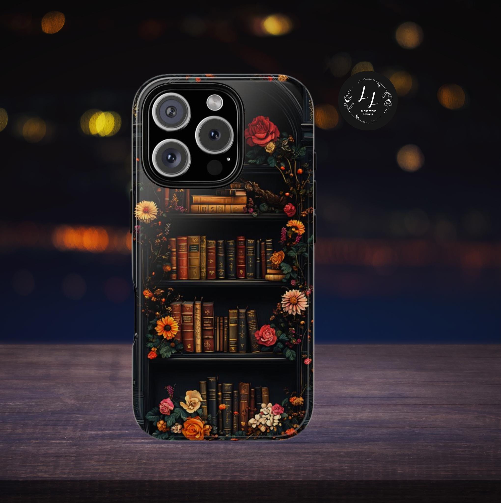 Floral Bookshelf Phone Case: Dark Academia Book Lover Gift