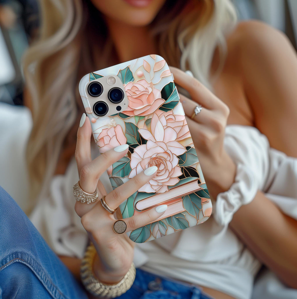 Floral Bookshelf Phone Case: Faux Stained Glass Design, Book Lover Gift