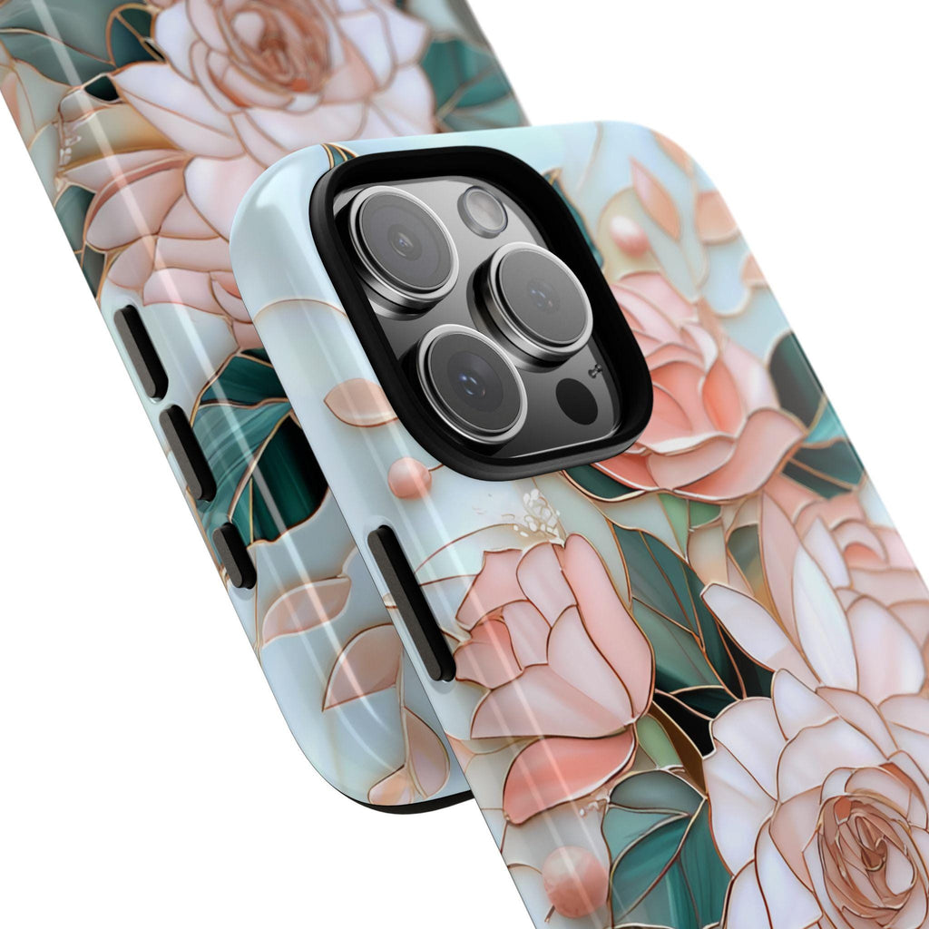 Floral Bookshelf Phone Case: Faux Stained Glass Design, Book Lover Gift