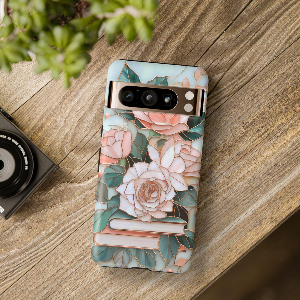 Floral Bookshelf Phone Case: Faux Stained Glass Design, Book Lover Gift