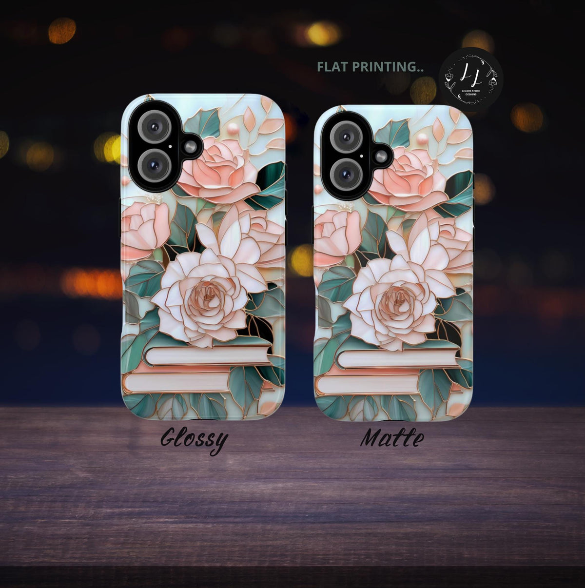 Floral Bookshelf Phone Case: Faux Stained Glass Design, Book Lover Gift