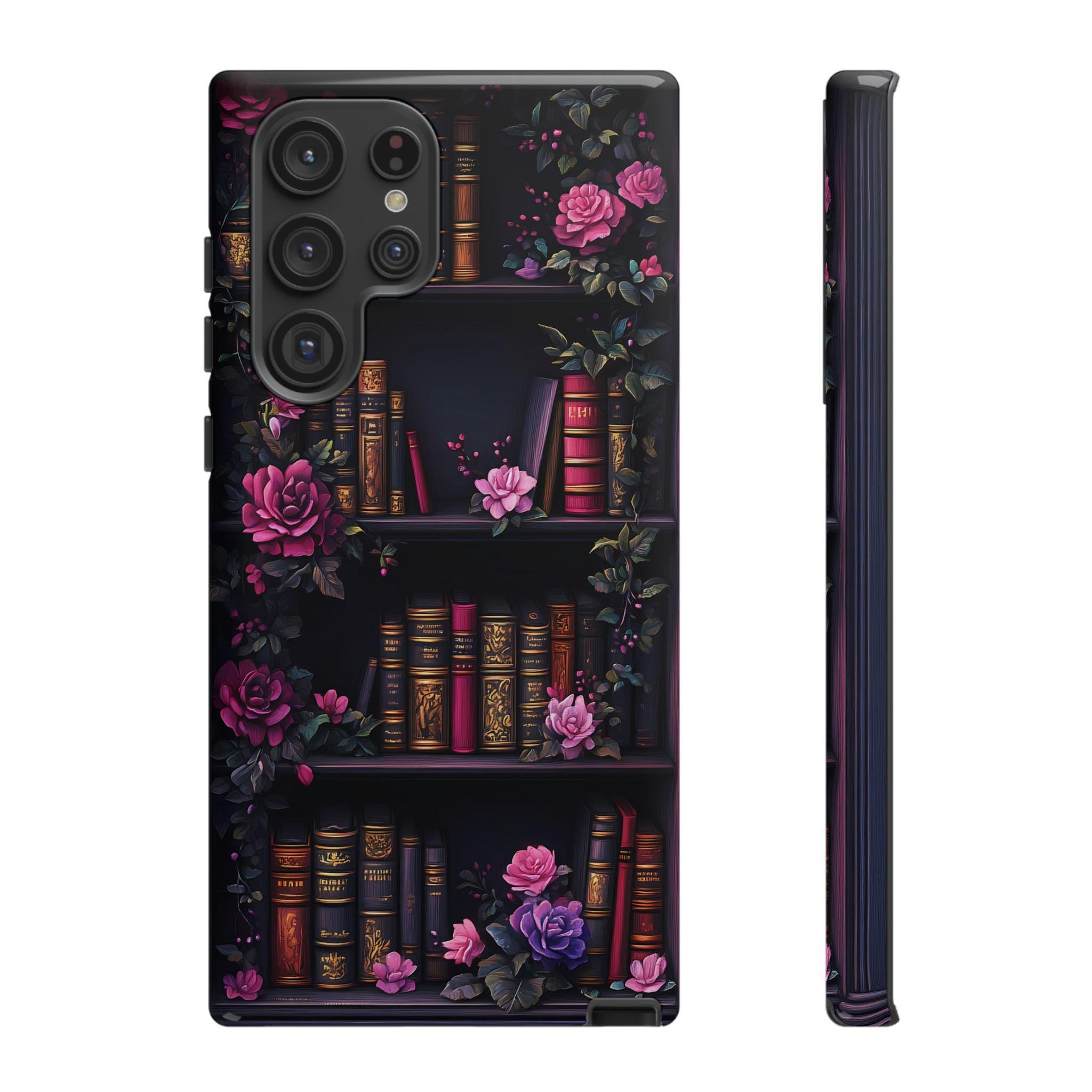 Floral Bookshelf Phone Case, Dark Academia Bookish Design