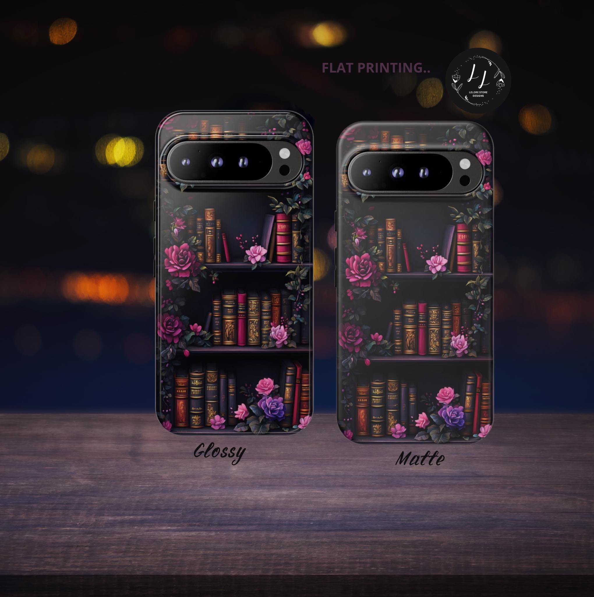 Floral Bookshelf Phone Case, Dark Academia Bookish Design