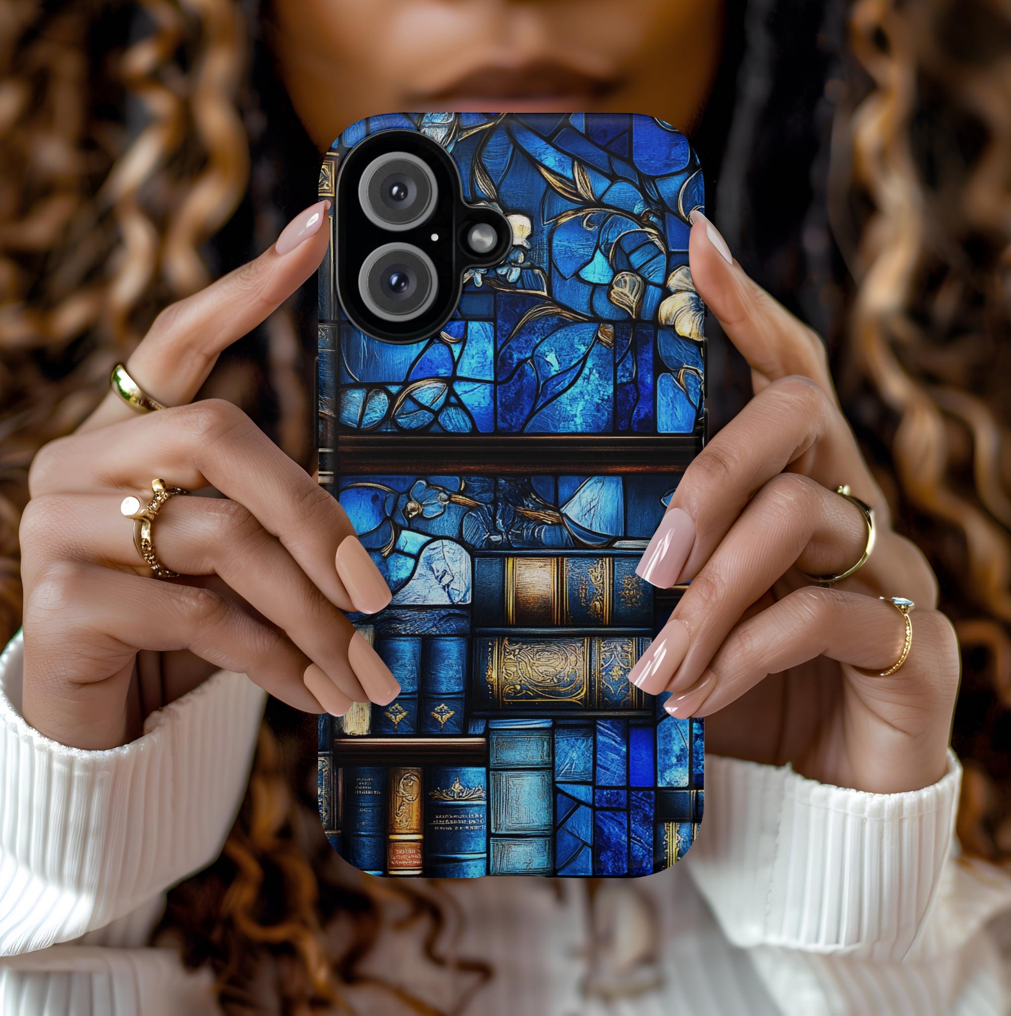 Faux Stained Glass Bookshelf Phone Case: Blue Reading Theme Bookish Book Lovers,