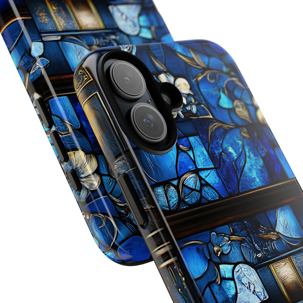 Faux Stained Glass Bookshelf Phone Case: Blue Reading Theme Bookish Book Lovers,