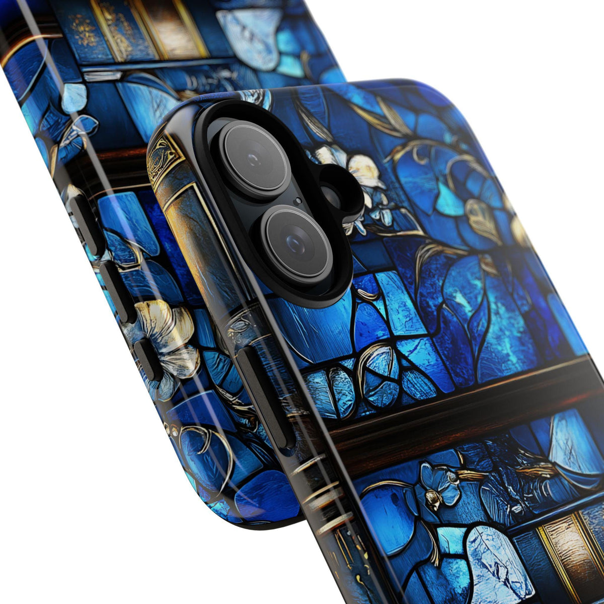 Faux Stained Glass Bookshelf Phone Case: Blue Reading Theme Bookish Book Lovers,