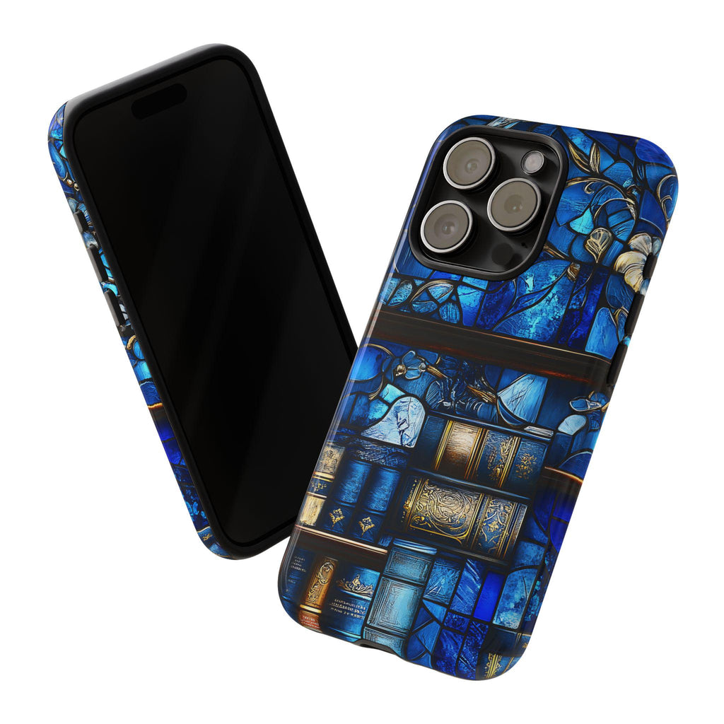Faux Stained Glass Bookshelf Phone Case: Blue Reading Theme Bookish Book Lovers,