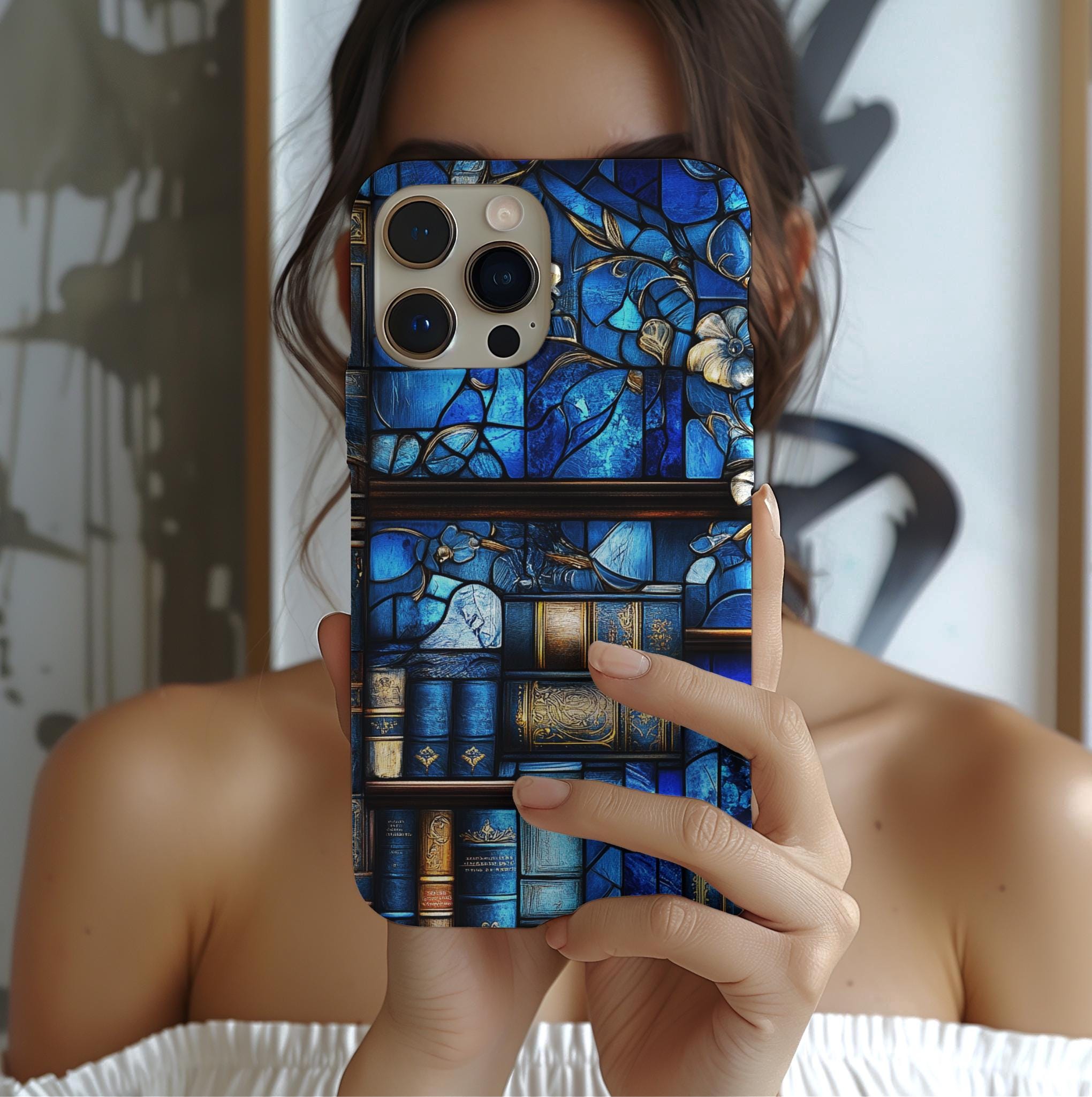 Faux Stained Glass Bookshelf Phone Case: Blue Reading Theme Bookish Book Lovers,