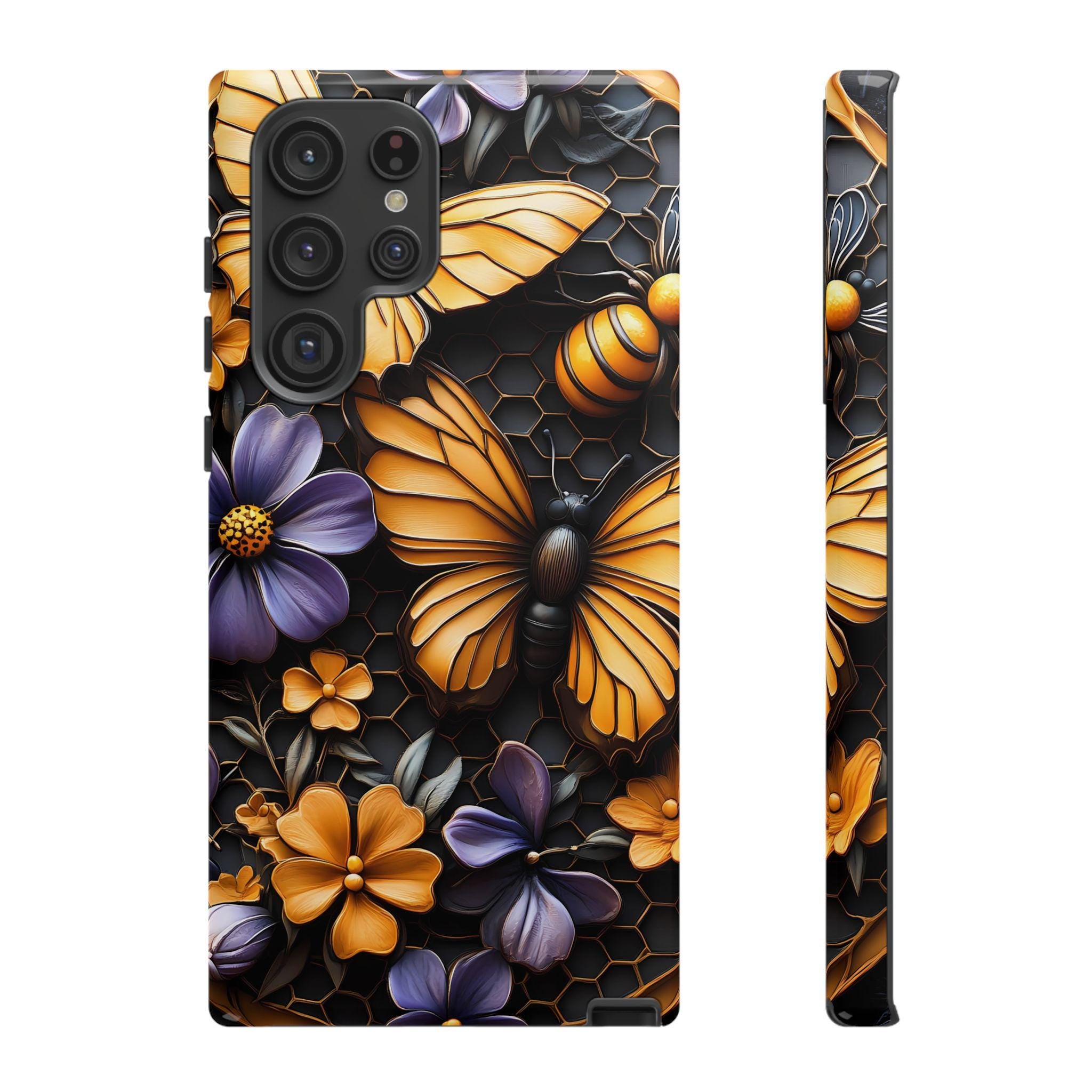 Honeybee Butterfly Floral Phone Case: Nature Mosaic Design