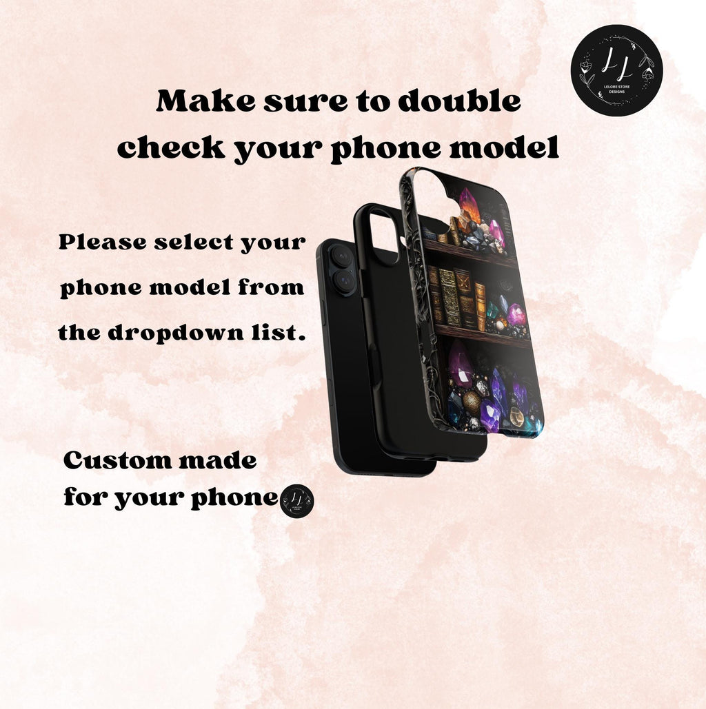 Celestial Bookshelf Phone Case: Mystical Gemstone Library Design