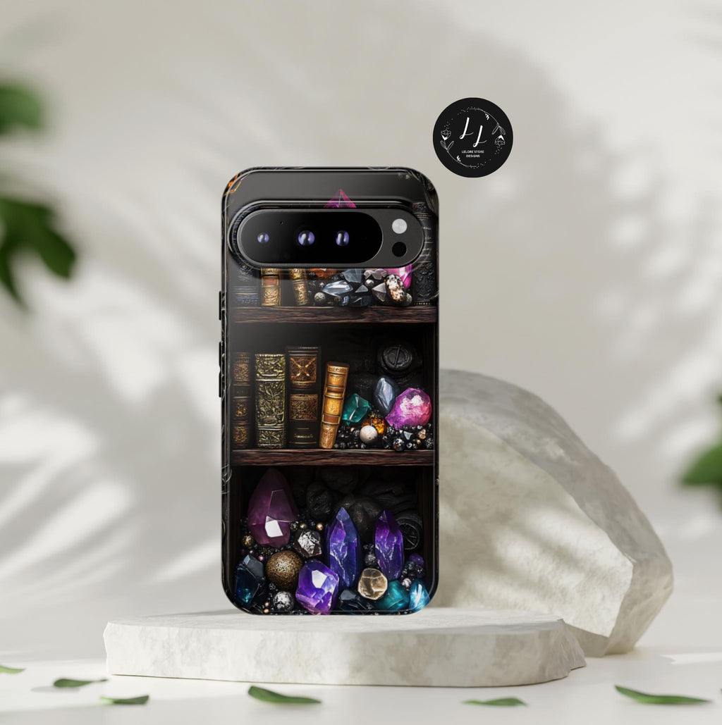 Celestial Bookshelf Phone Case: Mystical Gemstone Library Design