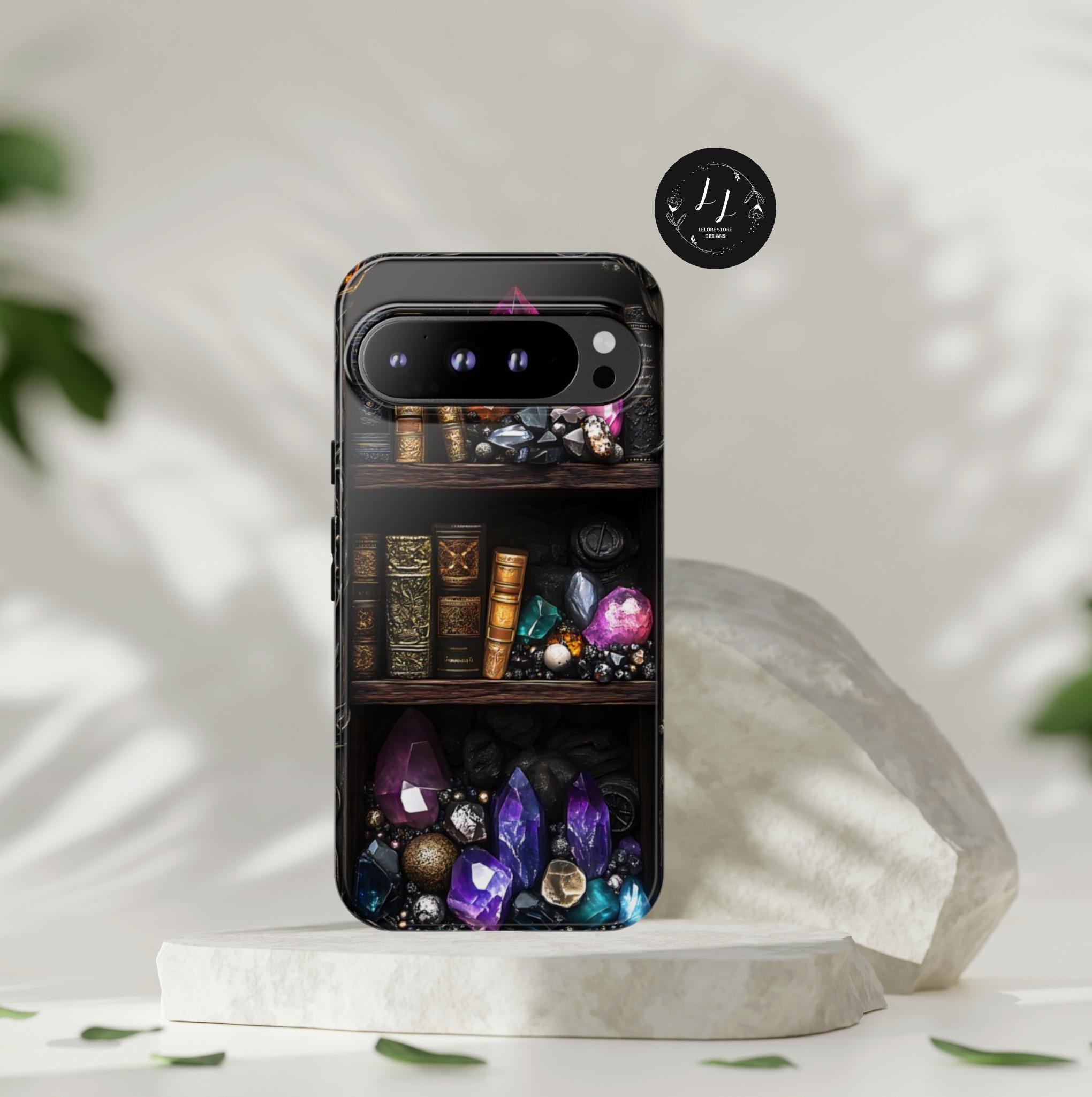 Celestial Bookshelf Phone Case: Mystical Gemstone Library Design
