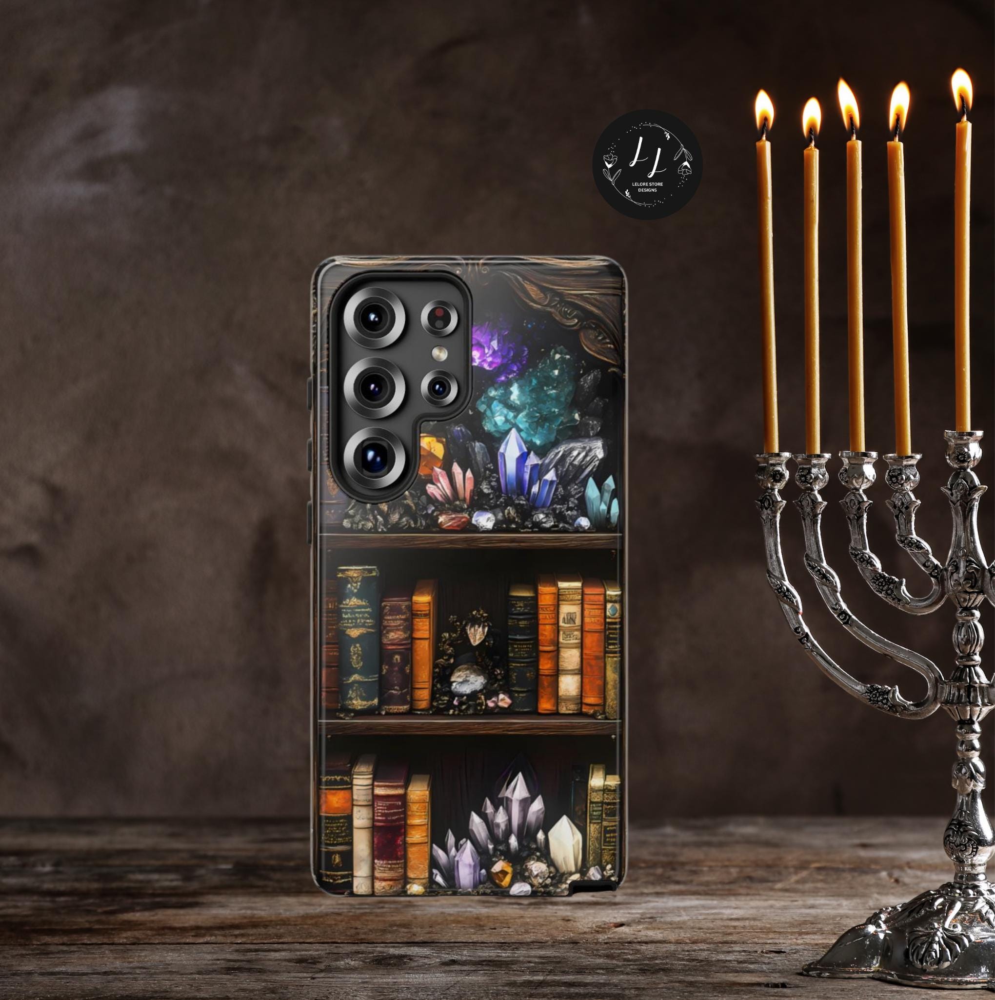 Celestial Bookshelf Phone Case, Mystical Library, Crystal Gems iPhone Galaxy Pixel Covers Book Lover