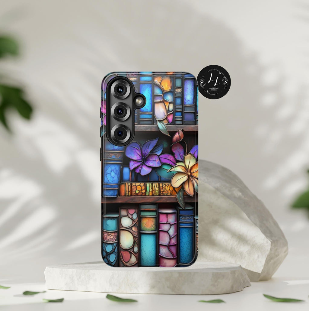 Floral Stained Glass Bookshelf Phone Case: Book Lover Gift