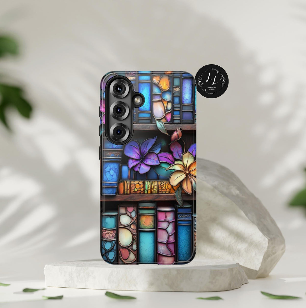 Floral Stained Glass Bookshelf Phone Case: Book Lover Gift