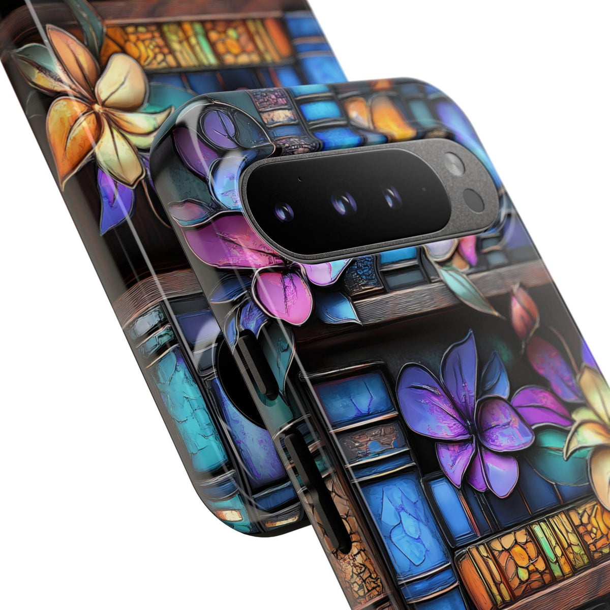 Floral Stained Glass Bookshelf Phone Case: Book Lover Gift