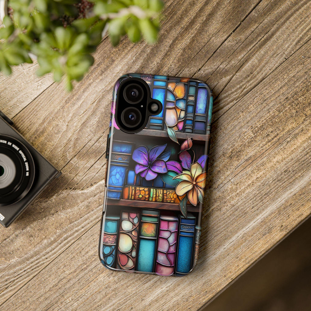 Floral Stained Glass Bookshelf Phone Case: Book Lover Gift