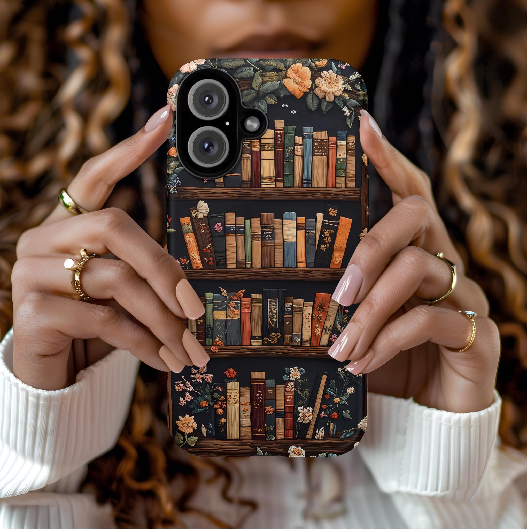 Bookish Bookshelf Phone Case: Vintage Literary Floral Design