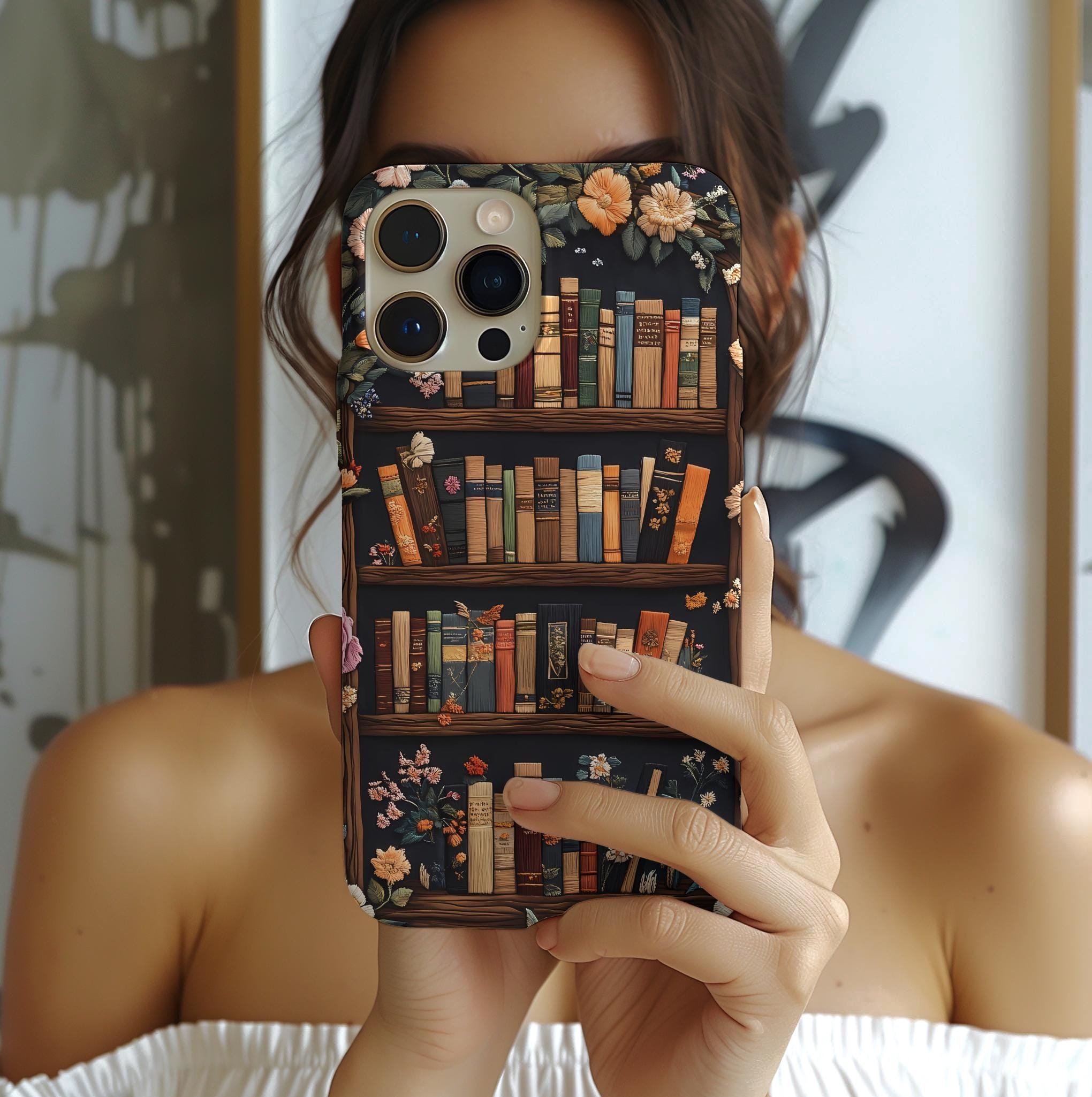 Bookish Bookshelf Phone Case: Vintage Literary Floral Design