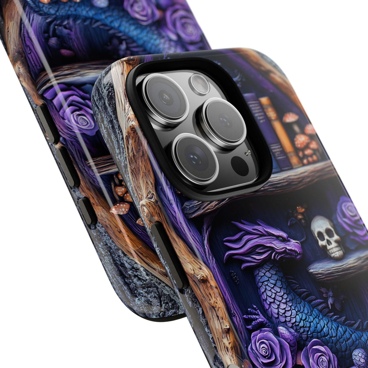 Purple Dragon Bookshelf Phone Case: Dark Academia Fantasy Cover