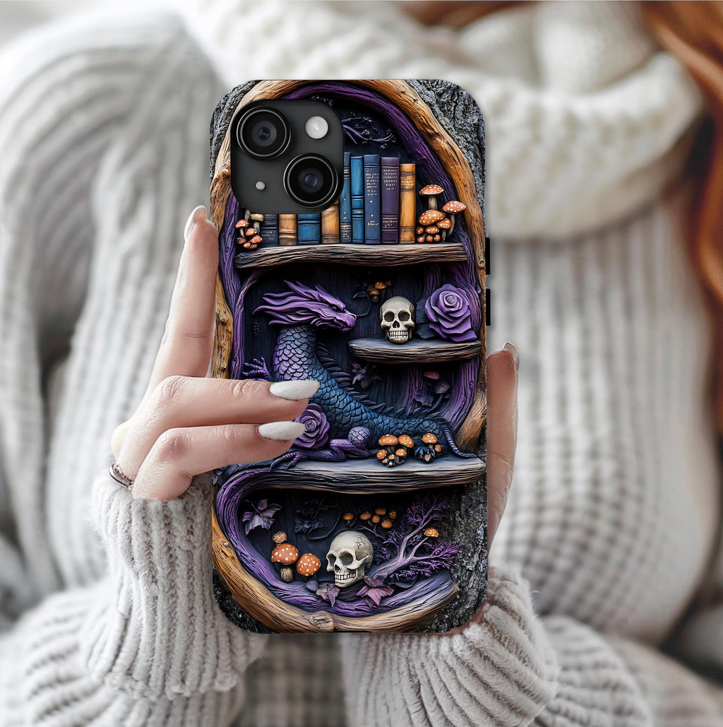 Purple Dragon Bookshelf Phone Case: Dark Academia Fantasy Cover