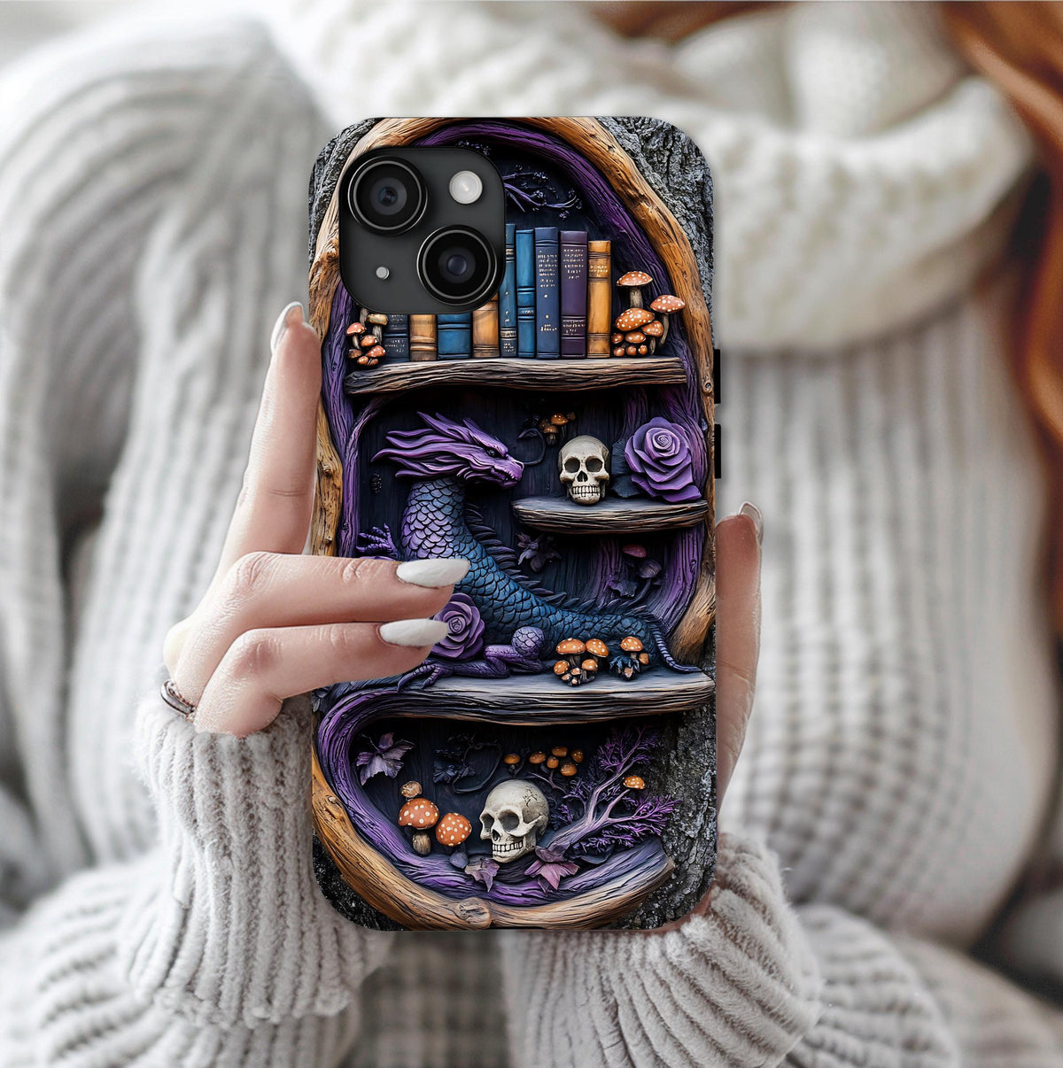 Purple Dragon Bookshelf Phone Case: Dark Academia Fantasy Cover