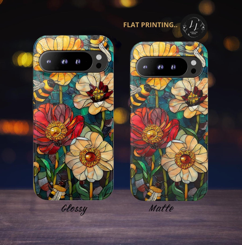 Faux Stained Glass Bee & Wildflower Phone Case: Boho Floral Design