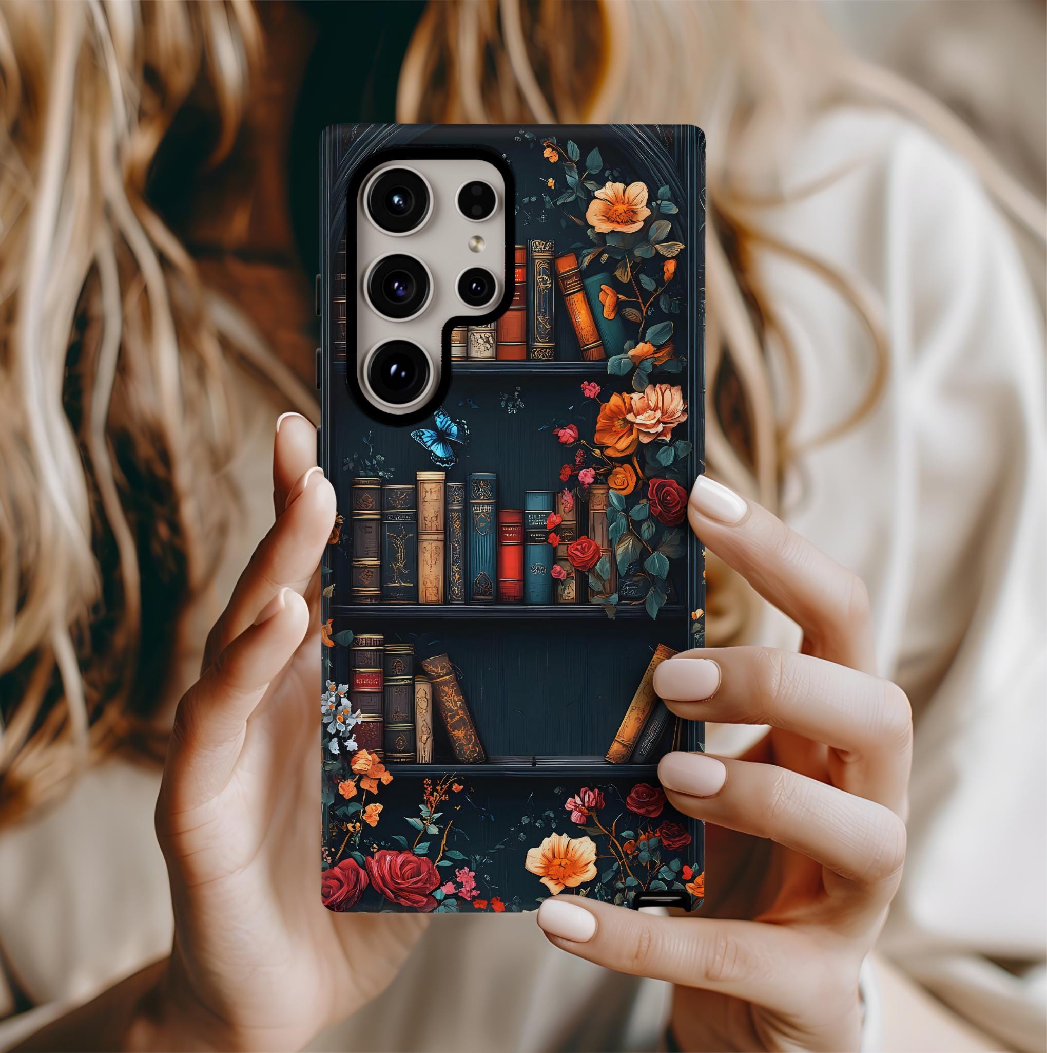 Floral Bookshelf Phone Case: Book Lover Gift