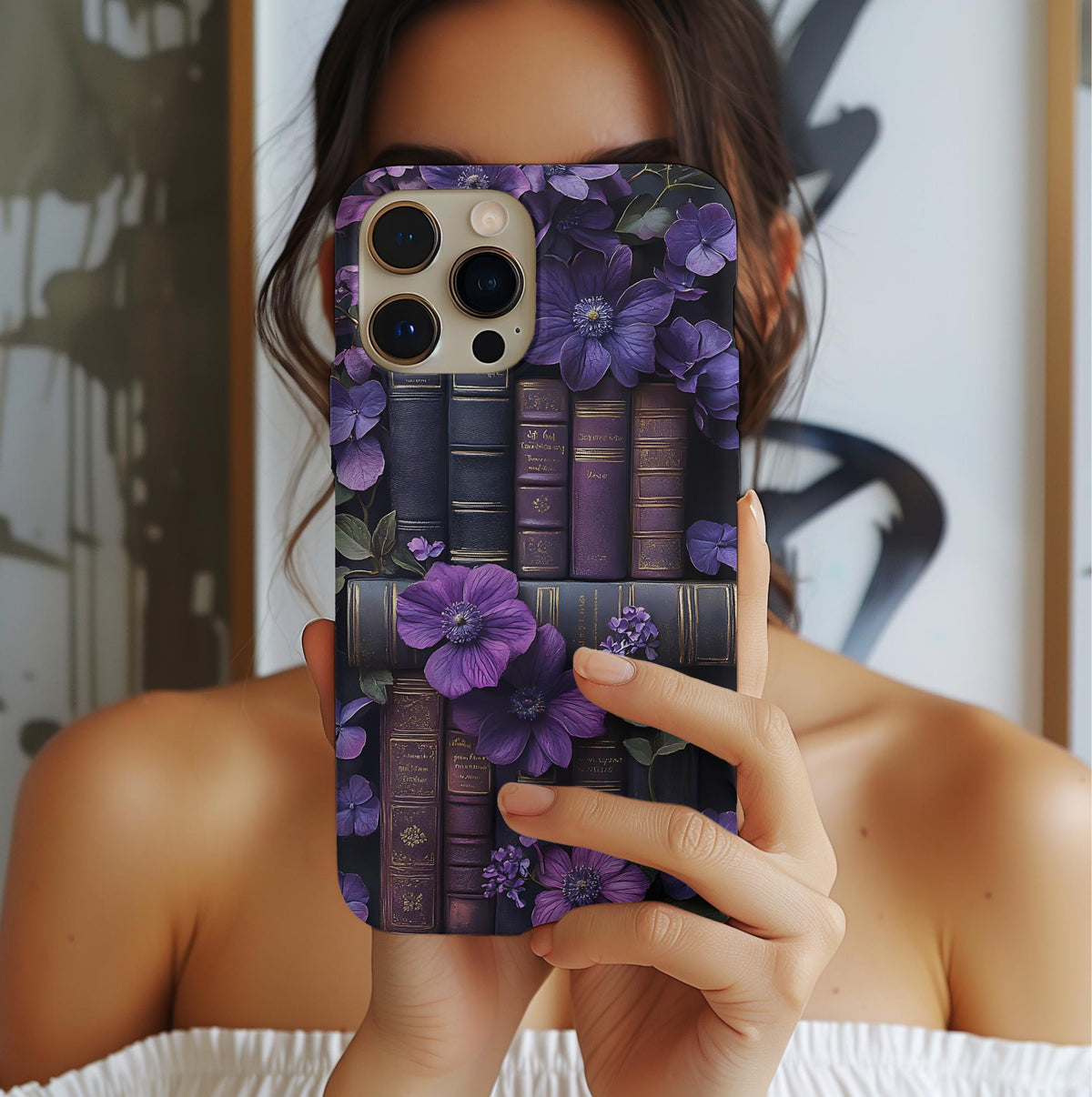 Gothic Bookshelf Phone Case: Floral Dark Academia iPhone, Galaxy, Pixel