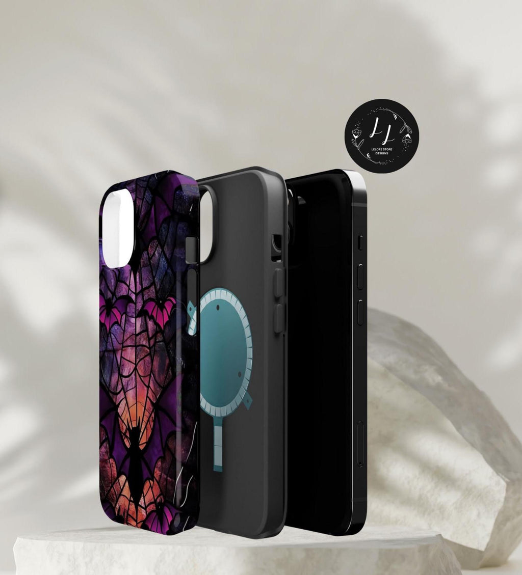 Gothic Bat Faux Stained Glass iPhone Case: Dark Academia MagSafe Compatible Holiday Cover