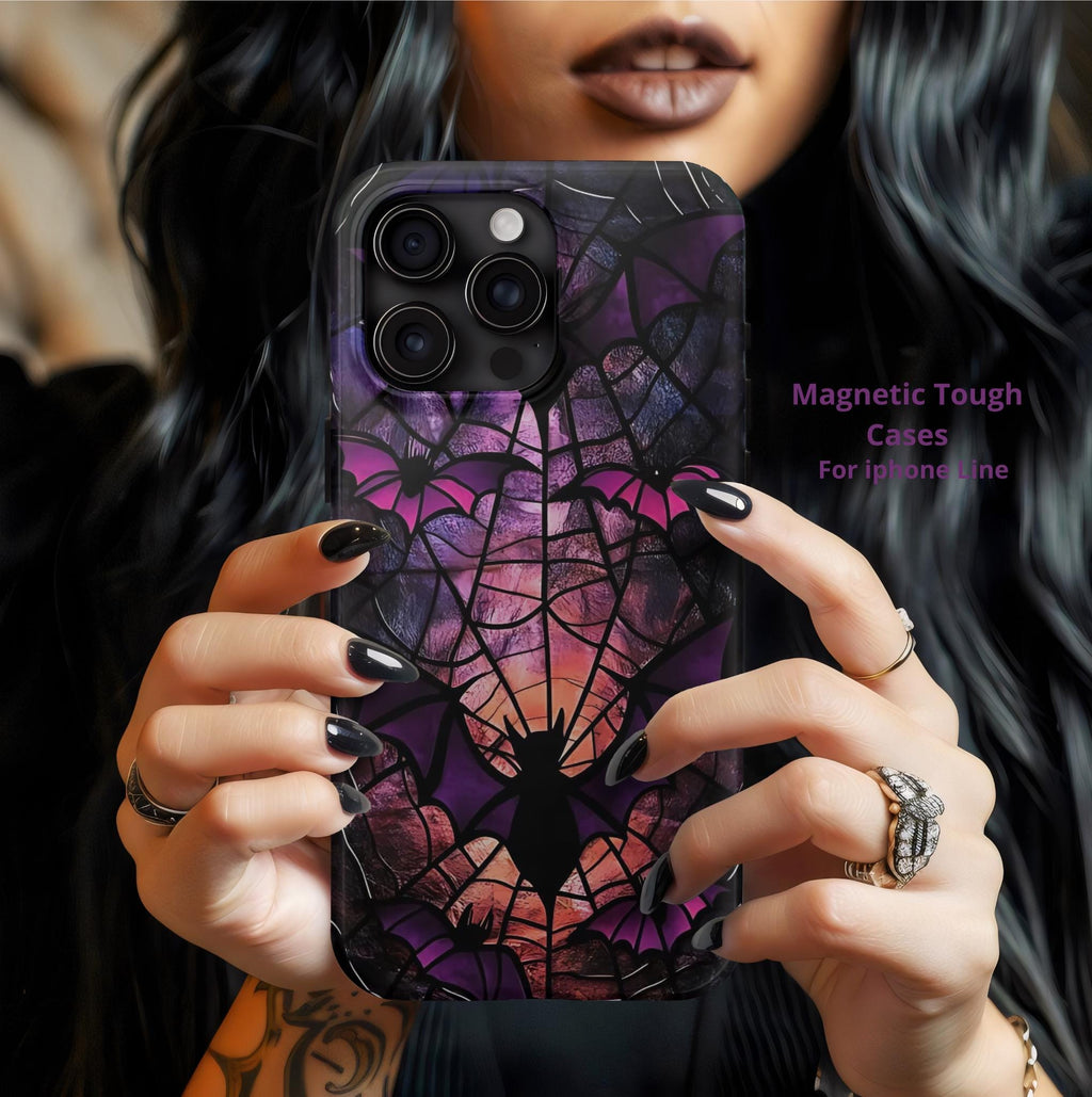 Gothic Bat Faux Stained Glass iPhone Case: Dark Academia MagSafe Compatible Holiday Cover
