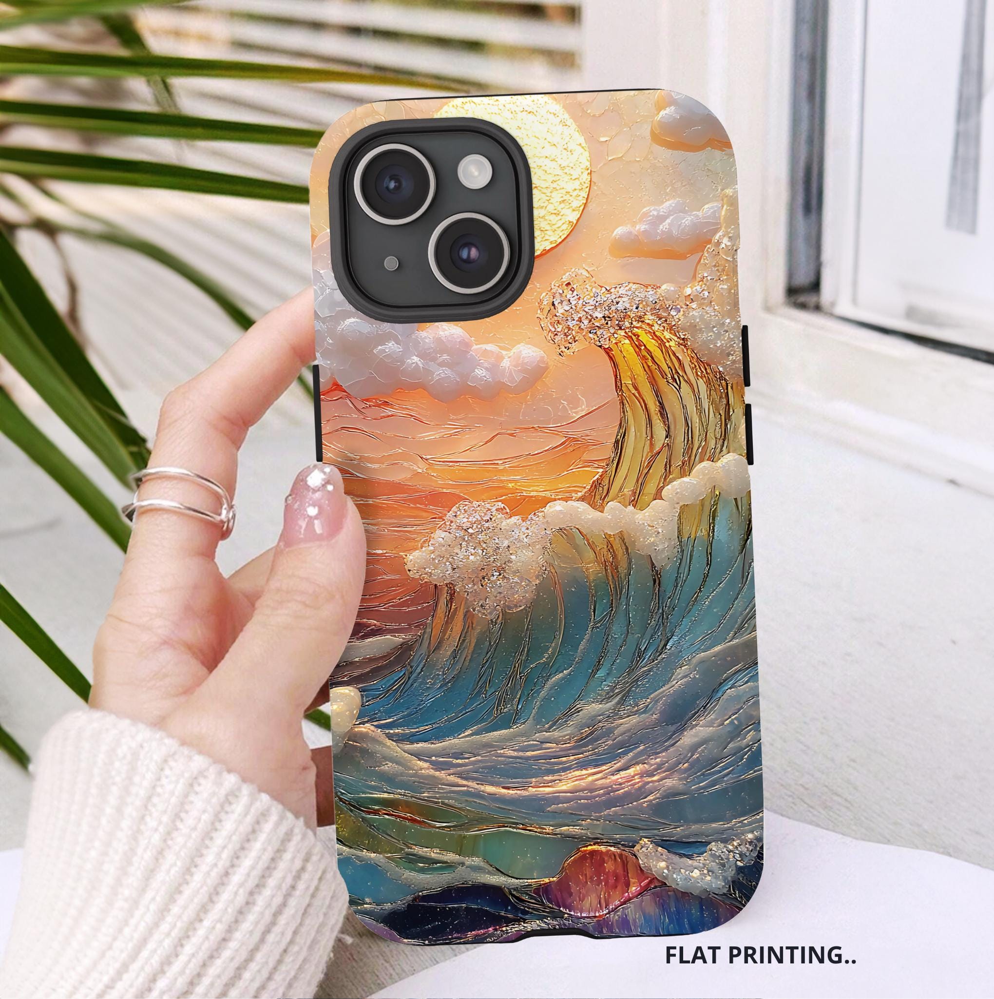 Beach Sunset Phone Case: Faux Stained Glass Ocean Waves