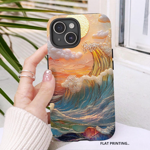 Beach Sunset Phone Case: Faux Stained Glass Ocean Waves