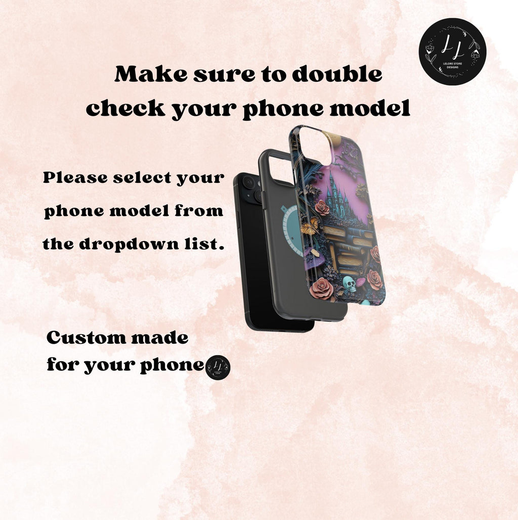 Gothic Bookshelf iPhone Case: Whimsical Library, Skulls & Florals, MagSafe Compatible, Book lovers' gift