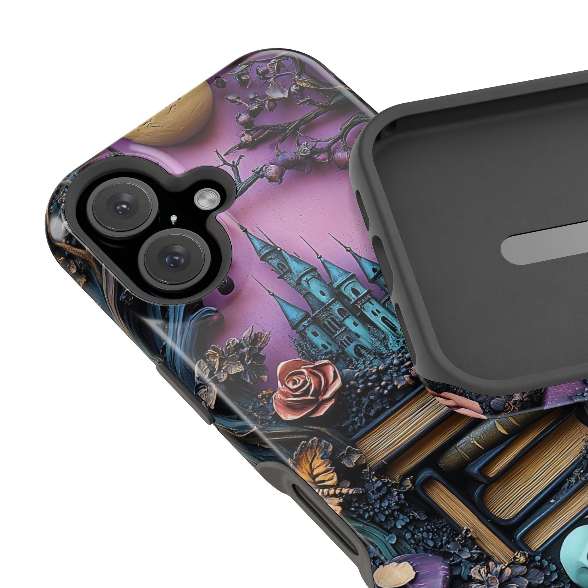 Gothic Bookshelf iPhone Case: Whimsical Library, Skulls & Florals, MagSafe Compatible, Book lovers' gift