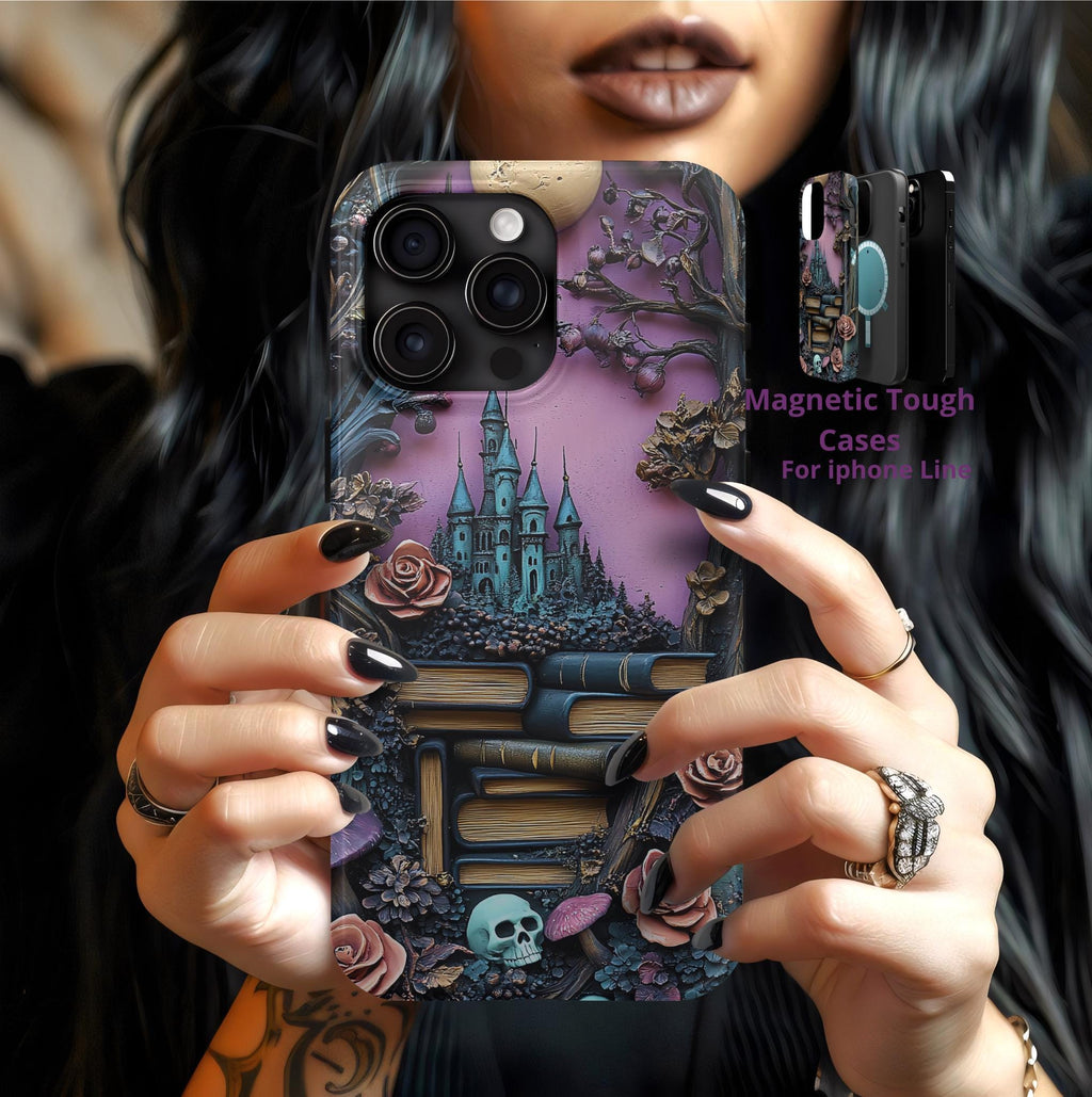 Gothic Bookshelf iPhone Case: Whimsical Library, Skulls & Florals, MagSafe Compatible, Book lovers' gift