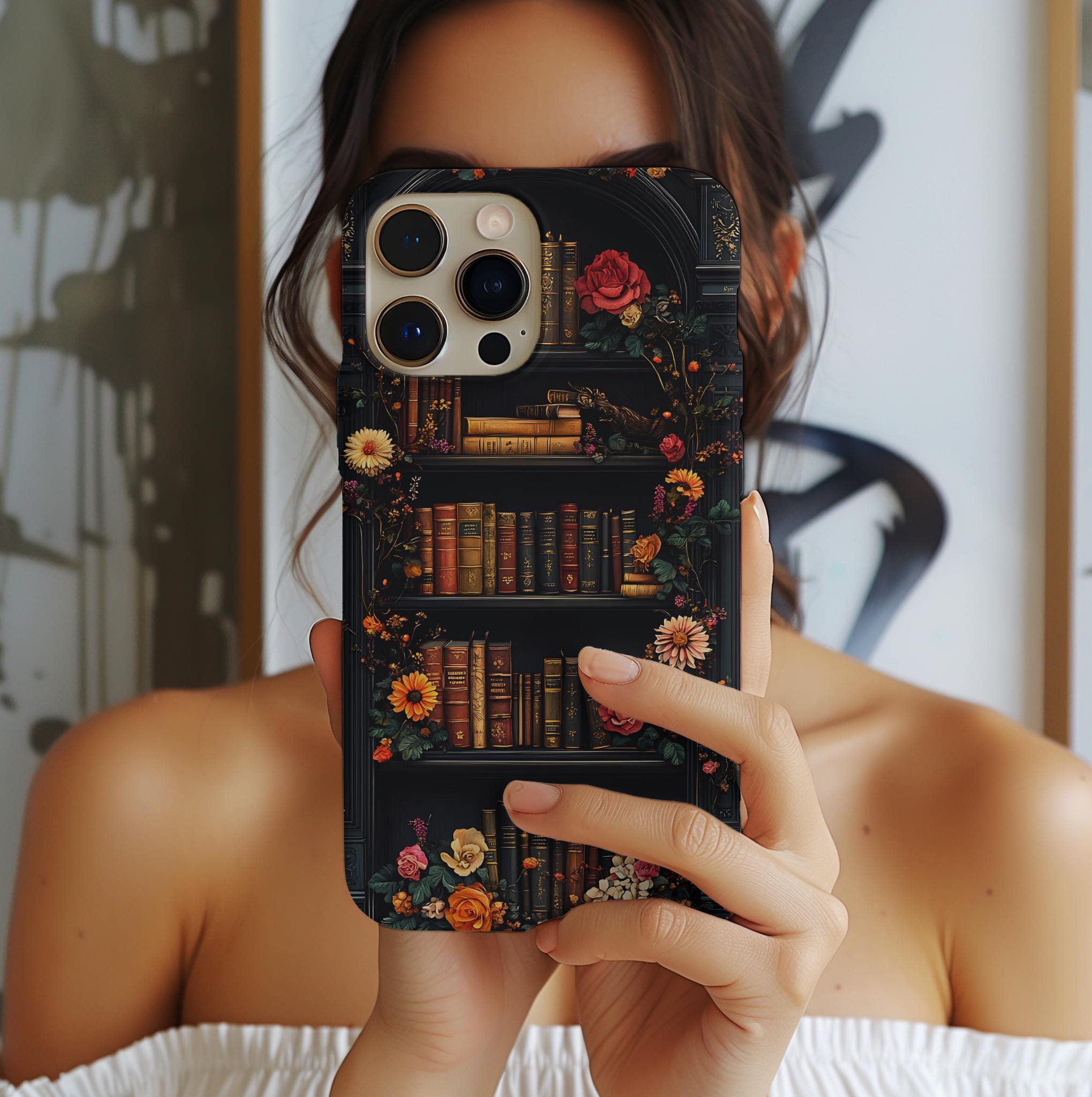 Floral Bookshelf Phone Case: Dark Academia Book Lover Gift