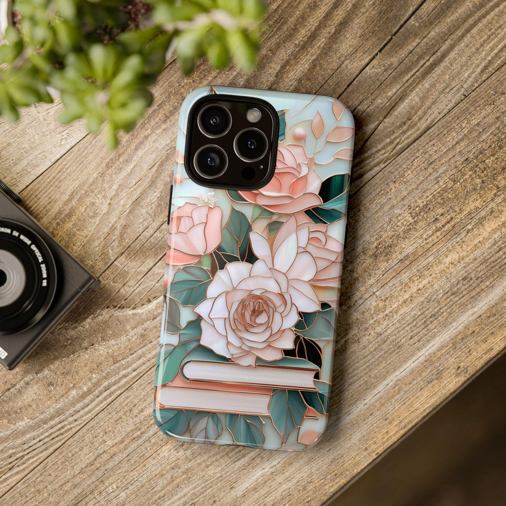 Floral Bookshelf Phone Case: Faux Stained Glass Design, Book Lover Gift