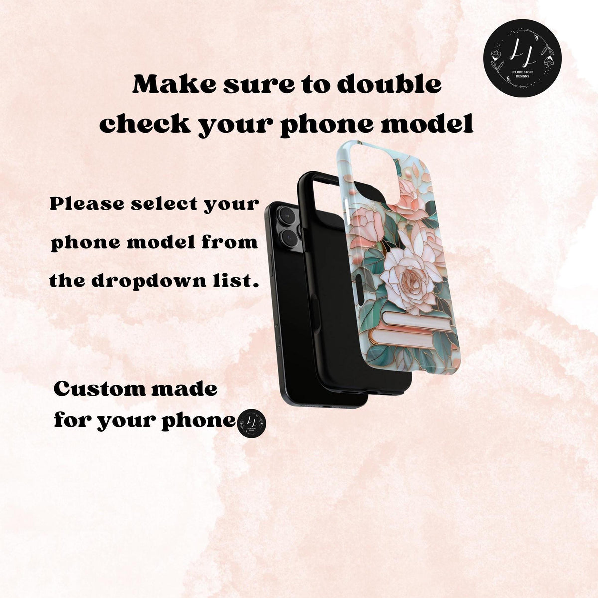 Floral Bookshelf Phone Case: Faux Stained Glass Design, Book Lover Gift
