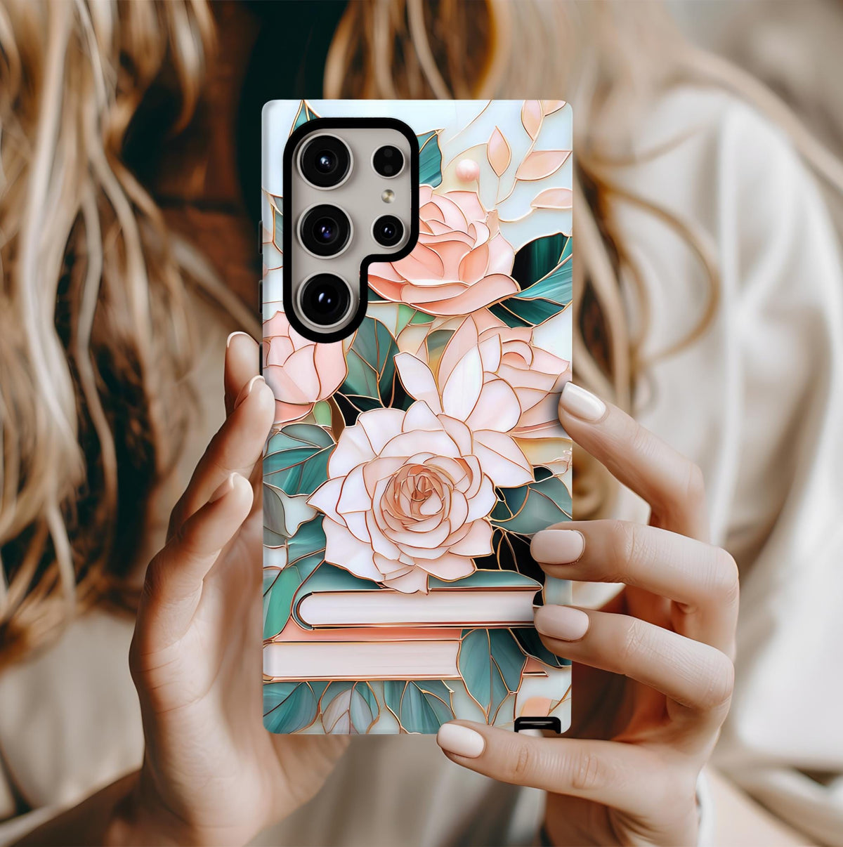 Floral Bookshelf Phone Case: Faux Stained Glass Design, Book Lover Gift
