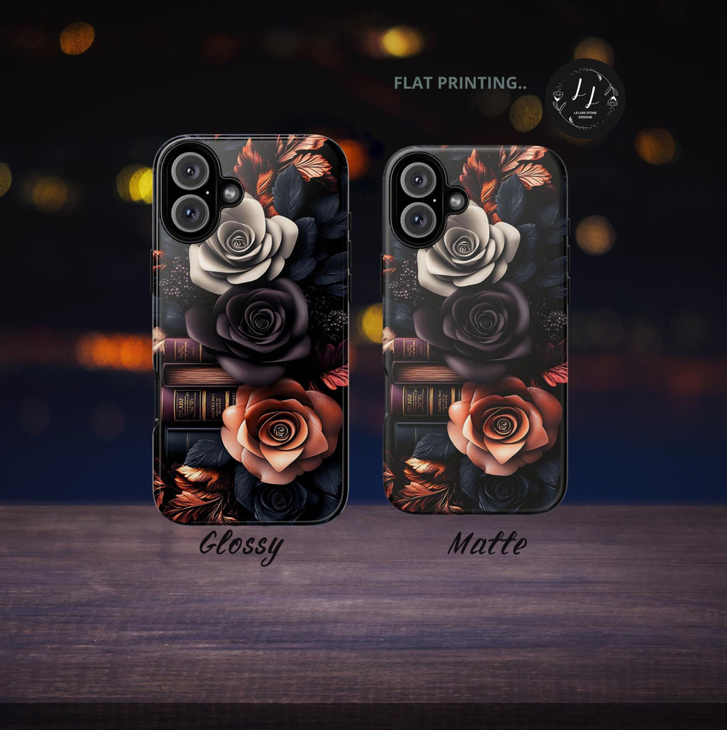 Dark Floral Bookshelf Phone Case: Book Lover Gift