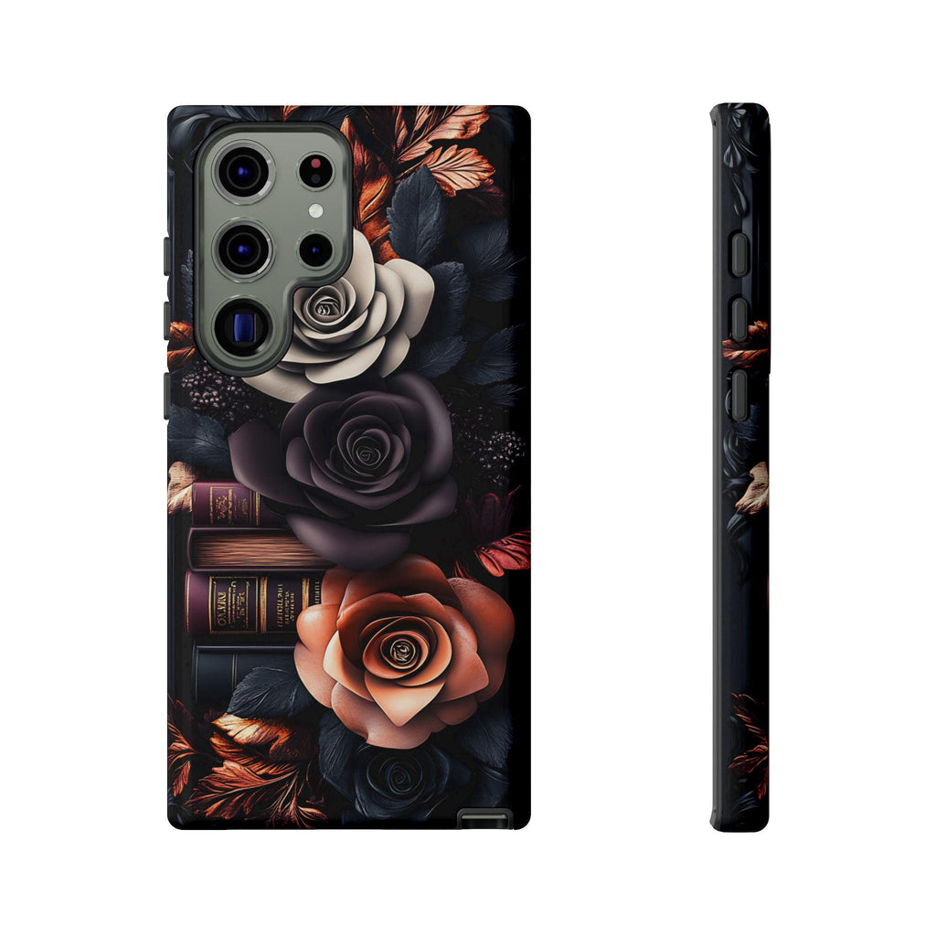 Dark Floral Bookshelf Phone Case: Book Lover Gift