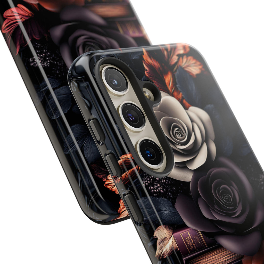 Dark Floral Bookshelf Phone Case: Book Lover Gift