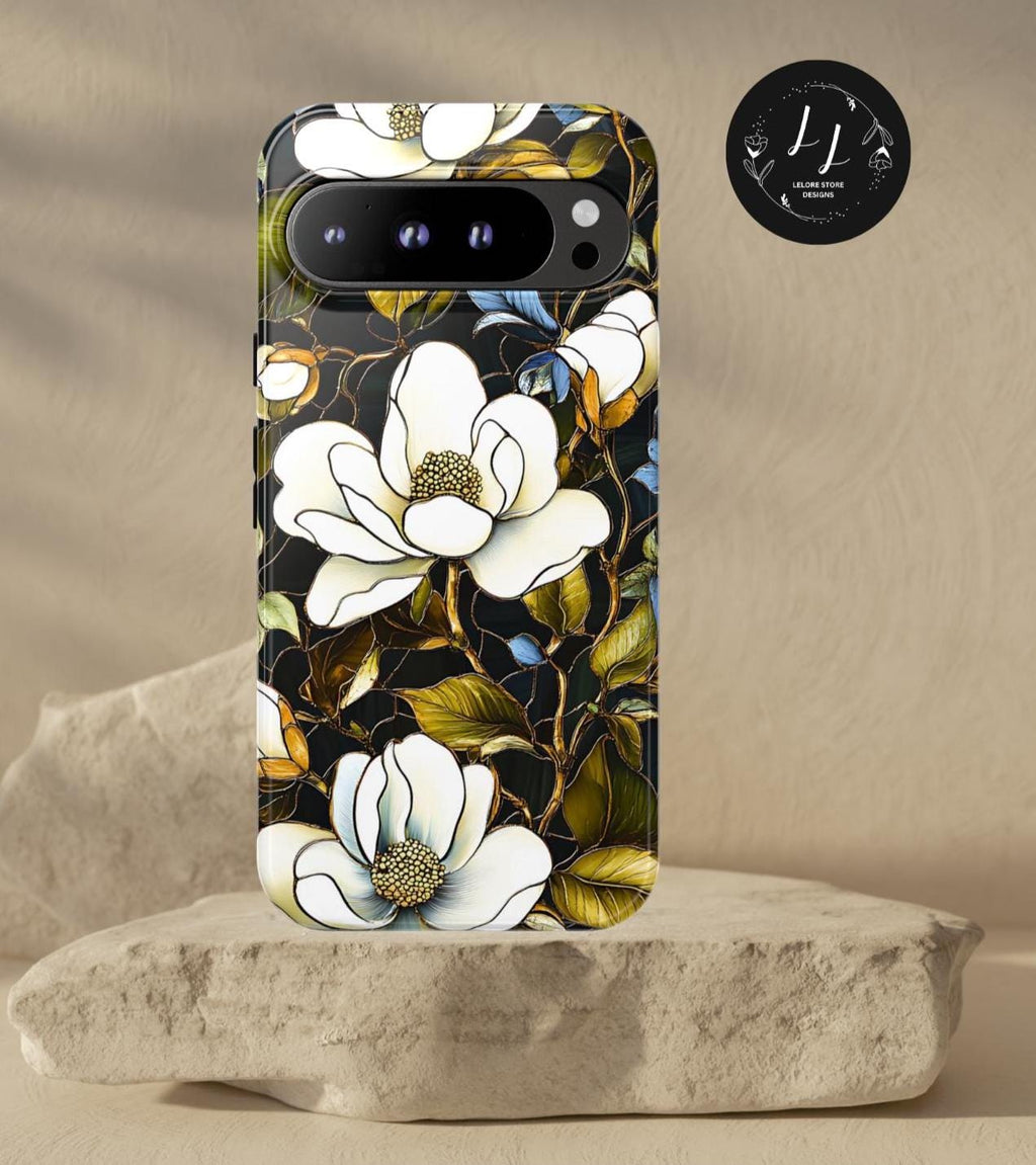 Magnolia Faux Stained Glass Phone Case: Green Floral Botanical Design